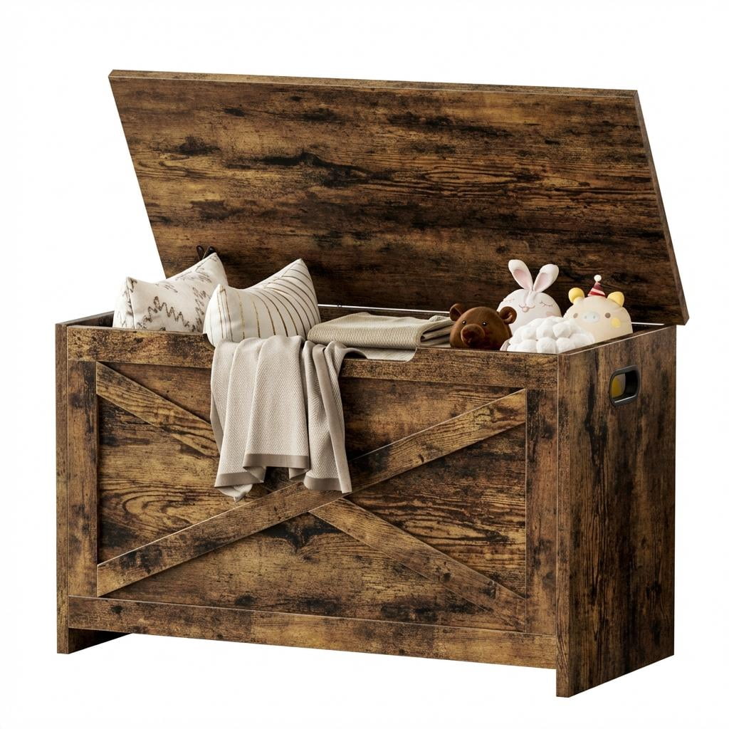 JoanKaren Wooden Storage Chest  with Safety Hinge ,30" x 15.78" x 17.7" Storage Bench&Large Toy Chest for Living Room,Bedroom,Entryway,Brown