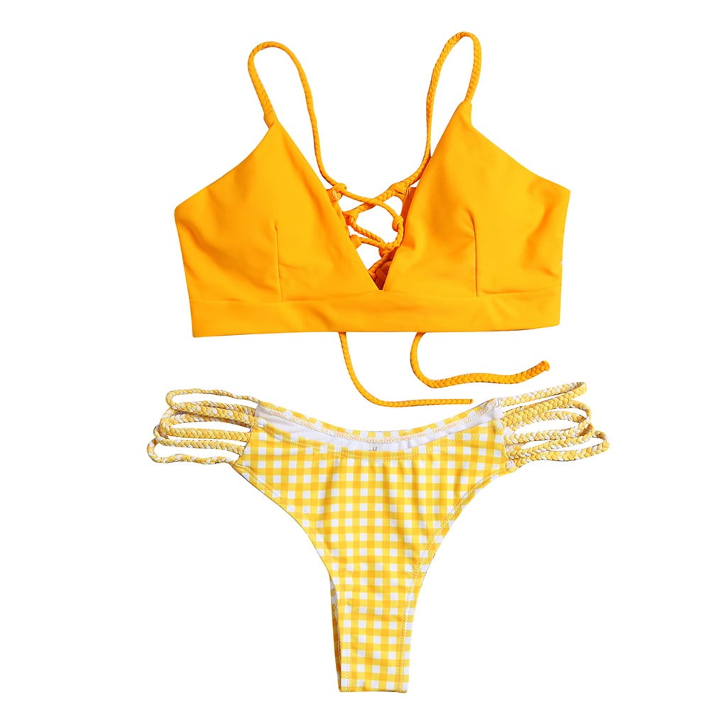 ZXHACSJ WWomen's Bikini Cut Flower Two Piece Swimsuit Pushups Swimwear  Beachwear Yellow S