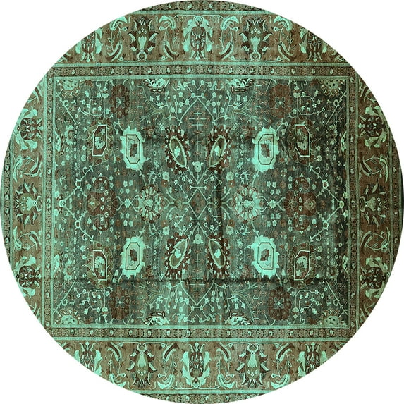 Ahgly Company Indoor Round Oriental Turquoise Blue Industrial Area Rugs, 7' Round