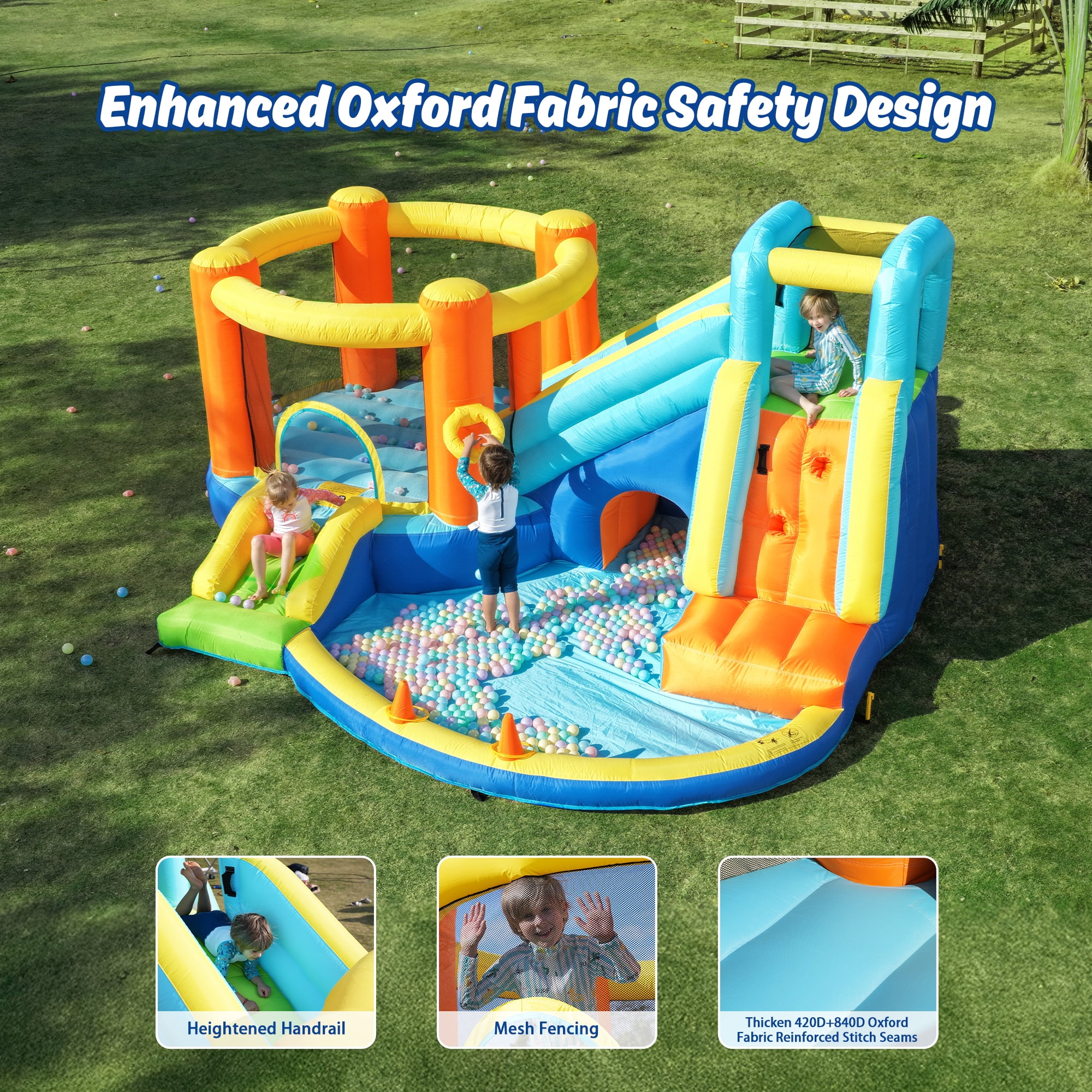 SaveJoy Large 8-in-1 Inflatable Bounce House, 173''x147''x83'', 450W Blower, Jumping Castle for Kids 3-8, Indoor & Outdoor Use