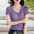 thumbnail image 2 of Holzkary Women's Henley T Shirts Summer Deep V Neck Ribbed Short Sleeve Slim Fit Button Tops Casual Tee Ice T Shirt Woven Sweater Versatile Thin V Neck Slimming Base Layer Worn Outside Light Violet M, 2 of 7