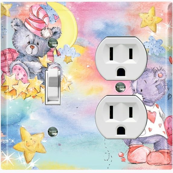 Metal Light Switch Wall Plate Outlet Cover (2 Teddy Bears Reading Flower Hearts Pink - Single Toggle Single Duplex)