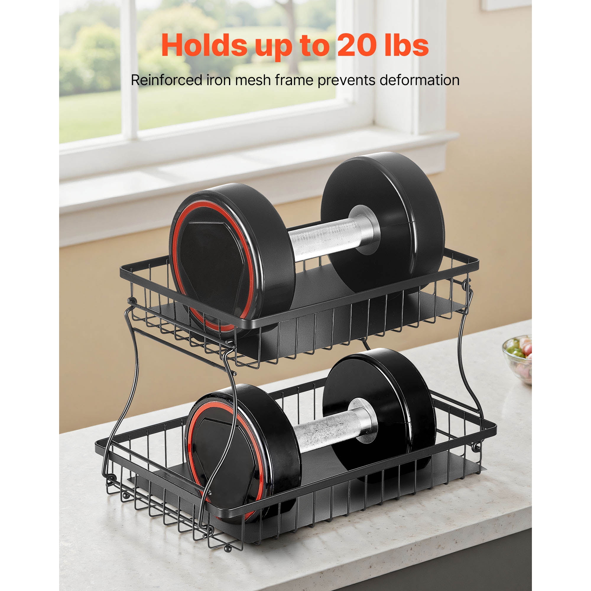 KFFKFF 2-Tier Fruit Basket with Banana Hooks, Metal Wire Storage Organizer for Kitchen Counter, Detachable and Stackable Holder for Fruits, Vegetables, Bread, and Snacks, Black