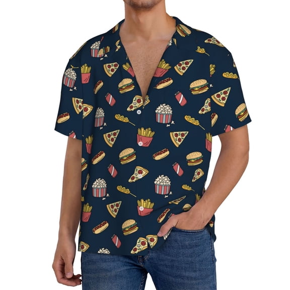 Rateoe Fast Food Print Mens Front Pocket Hawaiian Shirts Casual Shirts Short Sleeve Button Down Beach Tropical Shirts-Small