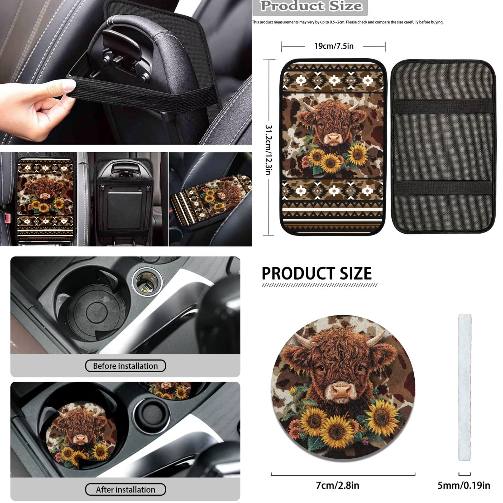 FKELYI American Tribal Sunflower Highland Cow Print 16 Pcs Auto Interior Set Car Seat Covers with Steering Cover Seat Belt Pads Armrest Pad Coasters Headrest Handbrake Covers Gear Shift Knob Sleeve