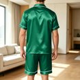 thumbnail image 4 of Mens Pajamas Set Silk Satin Sleepwear Short Sleeve Button Down Pjs Set 2 Piece Loungewear with Pockets Dark Green 3XL, 4 of 9