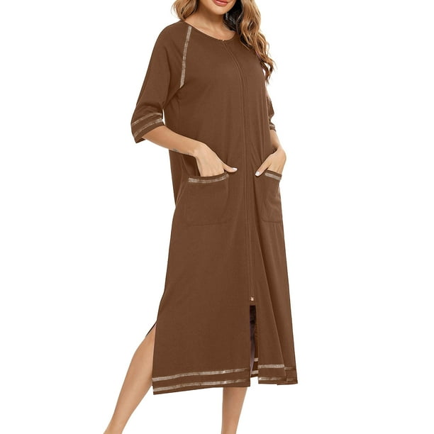 Batas de invierno para mujer, camisón cálido y camisón de invierno con cremallera y bolsillos, pijama holgado para mujer.