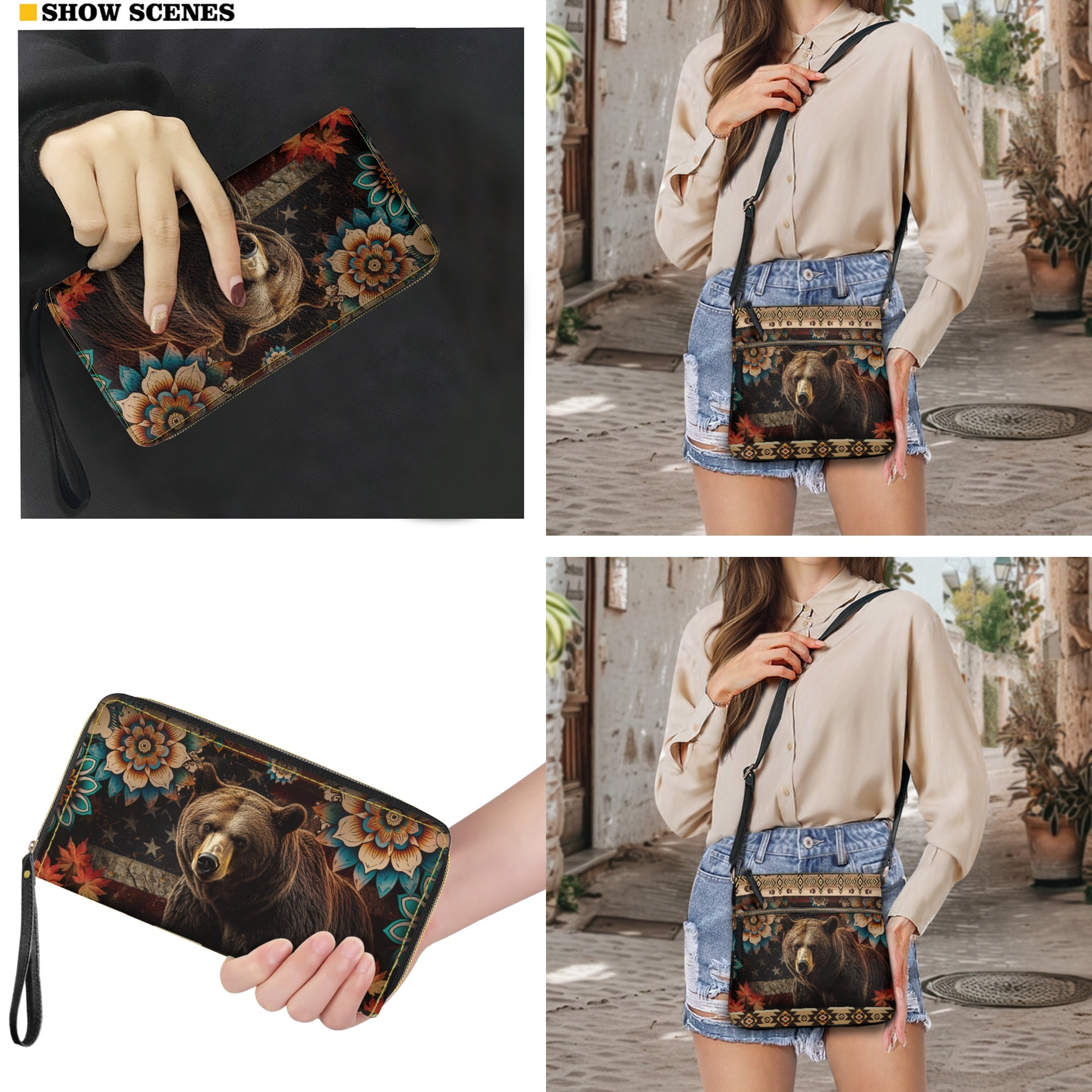 ZUXONGSY Aztec Bear Boho Mandala Print Women's Large PU Leather Crossbody Bag & Wallet Set, Satchel with Multi-Pocket Design, Adjustable Strap for Travel & Work