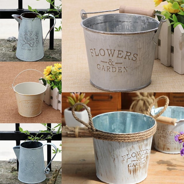 Cubo Rústico, Mango De Estilo Francé Alt Regadera De Acero, Cubos Para Dulce Bodas De Cumpleaños 1 Soledad Cubo de plantas de flores de metal