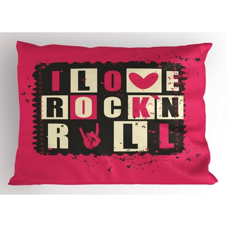 Retro Pillow Sham Vintage Letters I Love Rock N Roll On Grunge