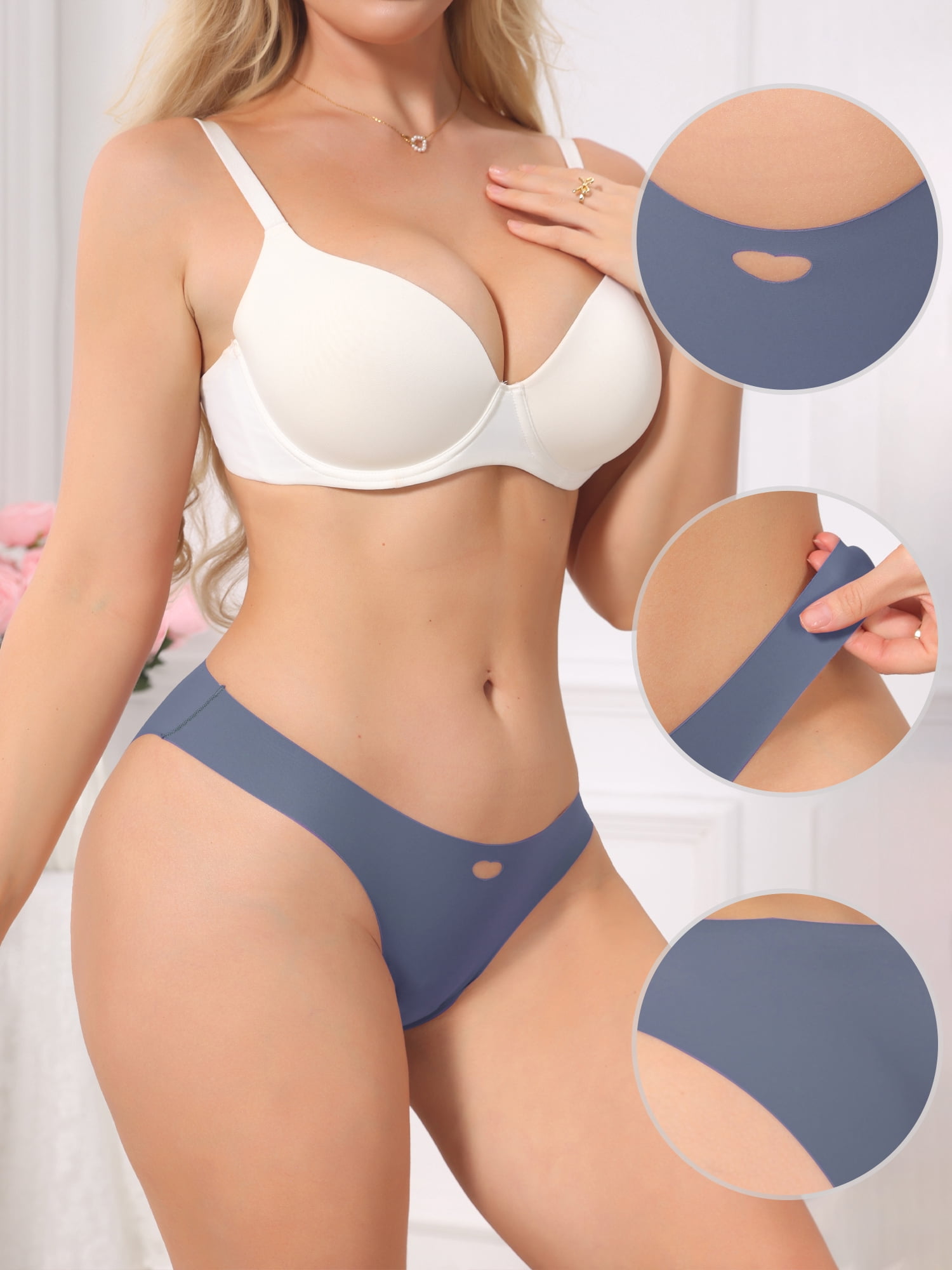 DARING DIVA Women's Seamless No Show Ice Silk Low Rise Bikini Heart Cutout Briefs S Blue