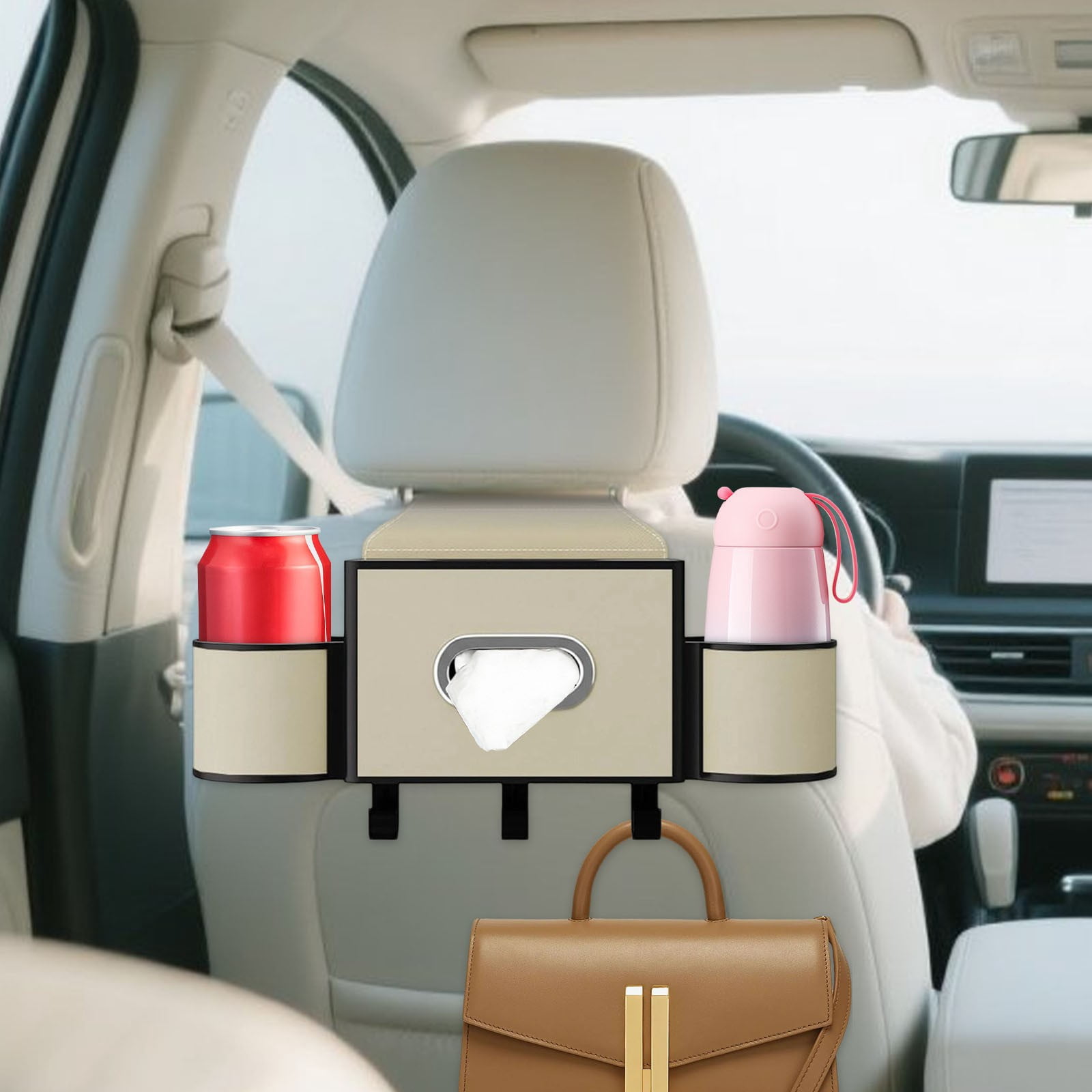 COM1950s Car Seat Organizer with Cup Holders, Backseat Storage Multi-Function Pocket for Tissues, Adjustable Straps for SUV and Vehicle Interior Accessories