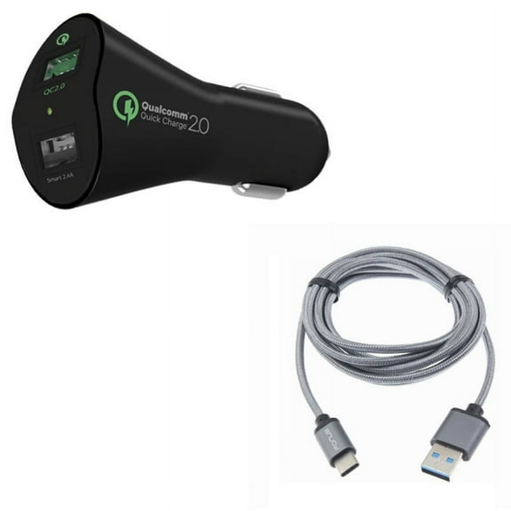 Charger Cord Type-C 10ft USB Cable w 2-Port USB 30W Fast Car Charger L8D for OnePlus 5T, 6, 6T, 7 Pro - Razer Phone 2 - RED Hydrogen One - Samsung Galaxy Tab S3 9.7 S9 Plus, S8  S8, S10e S10