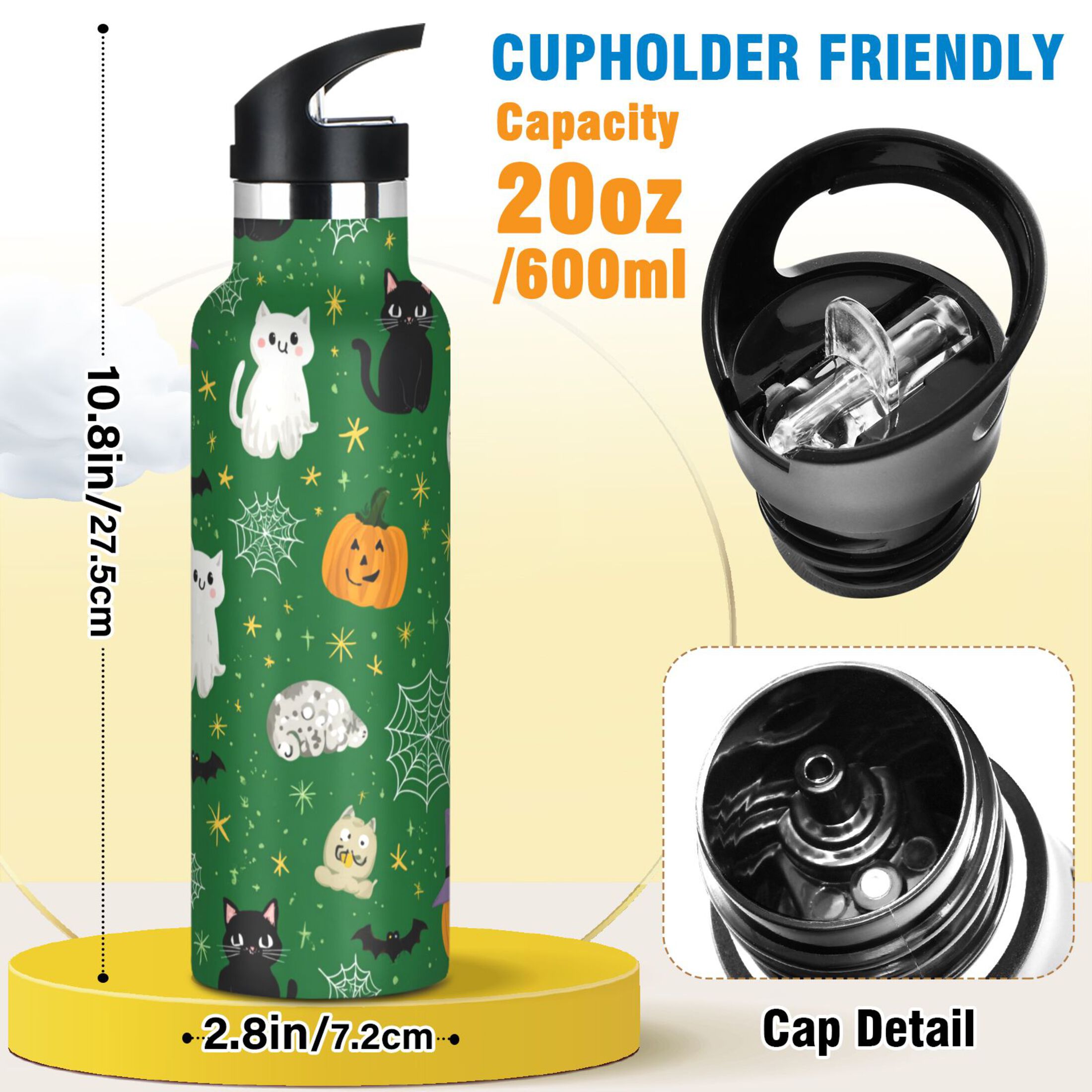Kids Insulated Stainless Steel Sports Water Bottle 600ml (20oz) Green Background with Cats