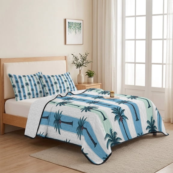 Palm Trees Twin XL Size Quilt Set Lightweight Bedspread Coverlet Set, Tropical Plant Green Blue Stripes Quilted Bedding Cover with 2 Pillow Shams for All Season Layering 68"x98"