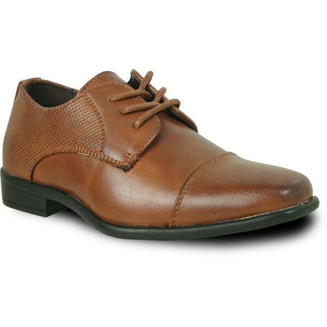 bravo! Boy Dress Shoe KING-6 Classic Lace Up Oxford Cap Toe with Leather Sock in cognac color. Designed with a premium vegan leather upper, stitched cap toe, blind eyelet lacing, and a durable rubber outsole. Features a full-length EVA cushioned leather footbed and leather sock liner for lasting comfort. Heel measures approximately 0.9 inches. Perfect for formal occasions and available in toddler, little kid, and big kid sizes. Ideal for pairing with dress outfits or school uniforms.