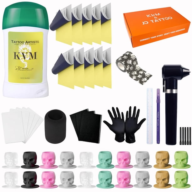 Kit de tatuaje KVM Tattoo Skull, vaso de tinta con papel de transferencia, 46 unidades