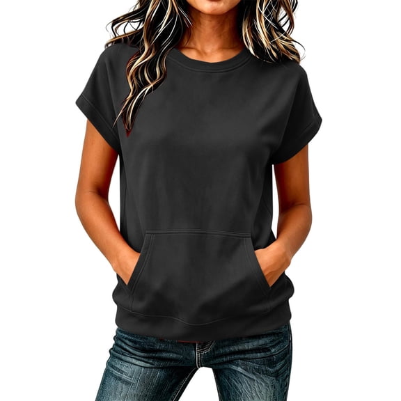 Kangaroo Pocket Cap Sleeve Crew Neck Sweatshirt Solid Loose Hoodless Casual Pullover Top for Women Spring Fall Daily Wear S-XXL
