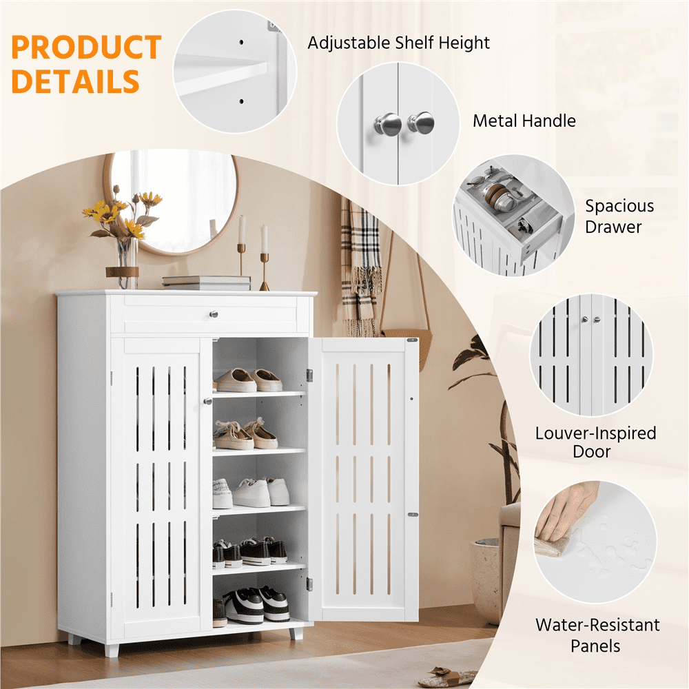 Renwick 5-Tier Wooden Adjustable Shoe Storage Cabinet with Drawer and Louvered Door, White