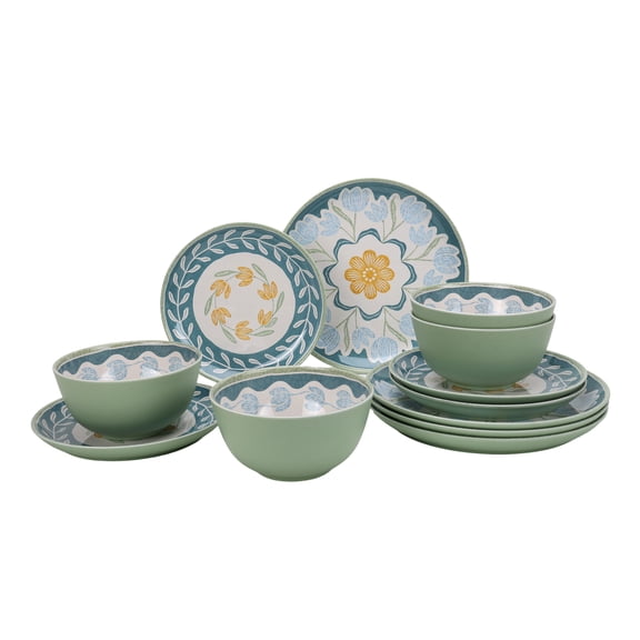 Better Homes & Gardens 12 Piece Bamboo Melamine Green Floral Dinnerware Set