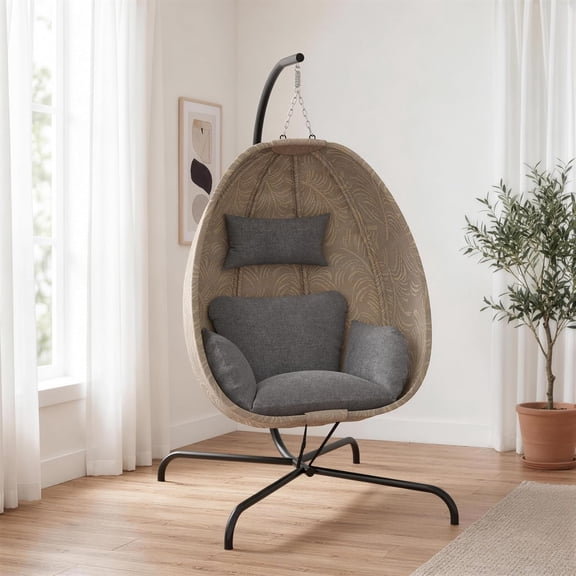 NeatifyesHanging Egg Chair with Stand Indoor Outdoor, Foldable Outdoor Egg Swing Chair with Cushion, 485LBS Capacity Textilene Hammock Chair with Stand for Bedroom, Balcony, Backyard, D2/Grey