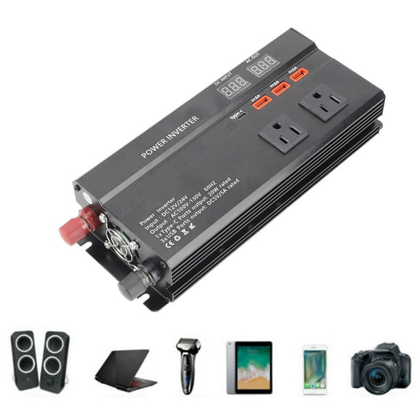 Cargador Inversor de Corriente, Inversor de Corriente de 900W DC 12 24V A AC 110V CON 4 PUERTOS USB SALIDA DE ONDA MODIFADA SINUSOIDAL PARA USO EN AUTOMÓVILES