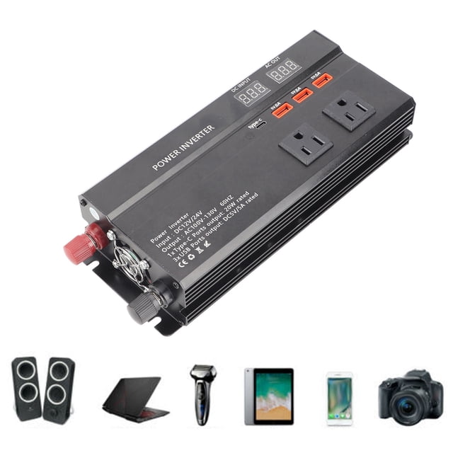 Cargador Inversor de Corriente, Inversor de Corriente de 900W DC 12 24V A AC 110V CON 4 PUERTOS USB SALIDA DE ONDA MODIFADA SINUSOIDAL PARA USO EN AUTOMÓVILES