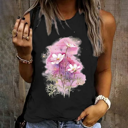 

OKBOP Christmas Scrub Tops Women Summer Casual Flowers Print Round Neck Loose Sleeveless T-Shirt White Blouses for Women Dressy 49ers Shirts for Women