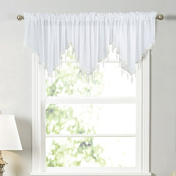 HCBY Lace Valance Swag Curtain 51 Inch Scalloped Sheer Curtain Panels with Crystal Beads - Rod Pocket Farmhouse Window Treatment for Kitchen Bedroom 3pcs Boho Chic Drape Decor White
