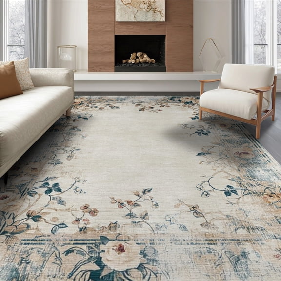 ODIKA 8'x10' Washable Area Rug Vintage Boho Distressed Scroll Retro Farmhouse Ornamental Border for King Size Bedroom Under Bed, Master Suite, Non-Shedding, Easy Care