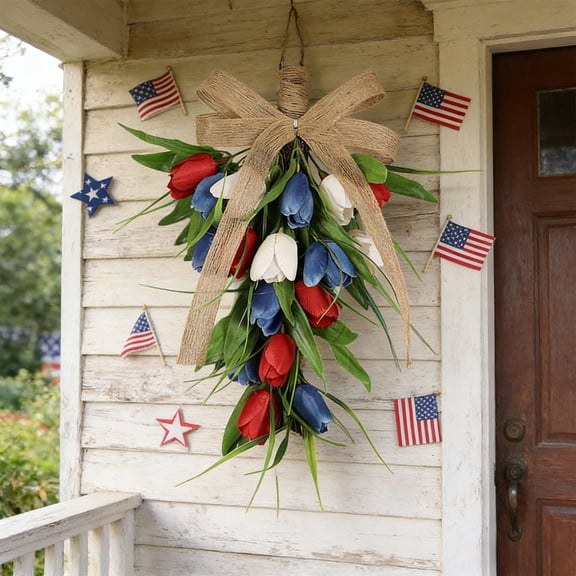 15.7inch Patriotic Swag for Front Door Artificial Red, White and Blue Tulip Teardrop Swag with Burlap Bow 4th of July Faux Floral Wreaths for Independence Day Memorial Day Home Decor