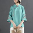 thumbnail image 4 of Hvot&aat Women's Ethnic Style Vintage Embroidery Tops Cotton Linen Chinese Frog Button Shirt Loose Stand Collar 3/4 Sleeve Blouse, 4 of 5