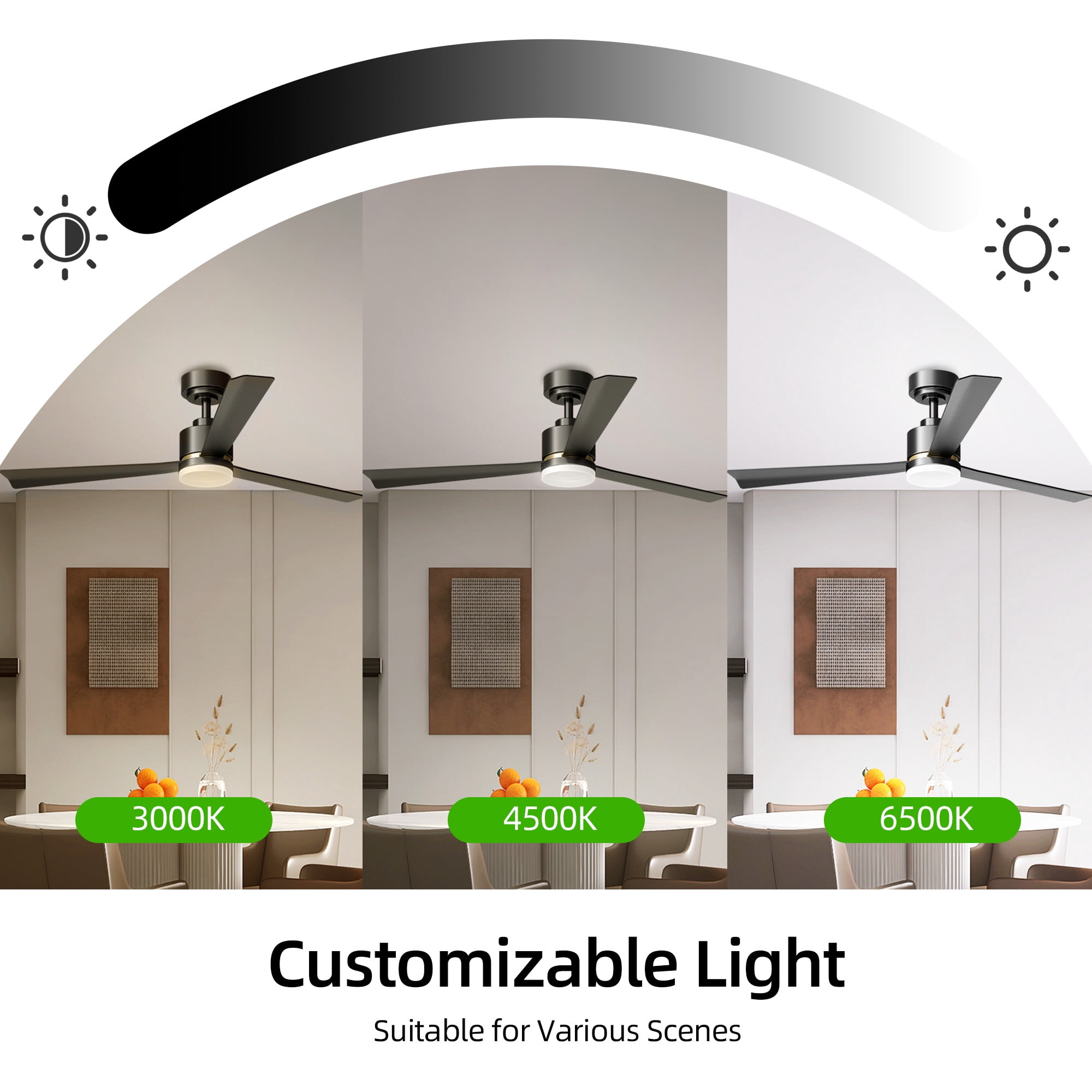 KISSAIR 52 In Ceiling Fan with Light and Remove Control 6 Speeds & Reversible DC Motor,3 Color Dimmable LED, Ultra Quiet 45dB, Timer Function (Black)
