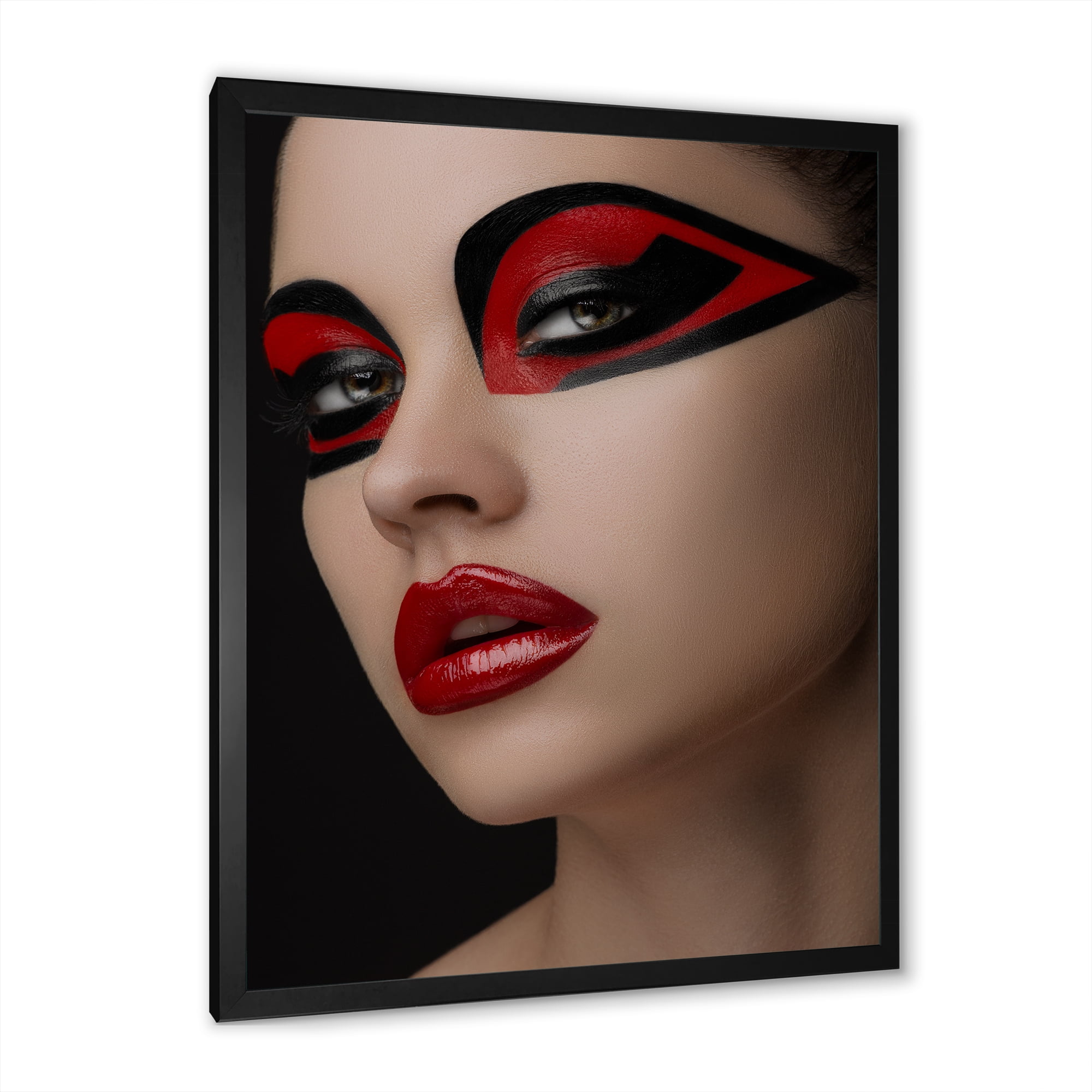 Designart 'Red Lips Black Makeup On The Eyes of Mask Girl' Modern Framed Art Print