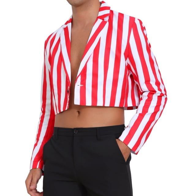 Blazer a rayas de cultivo para hombres, chaqueta deportiva de un solo botón con solapa de muesca, traje de rayas de negocios, XL rojo y blanco