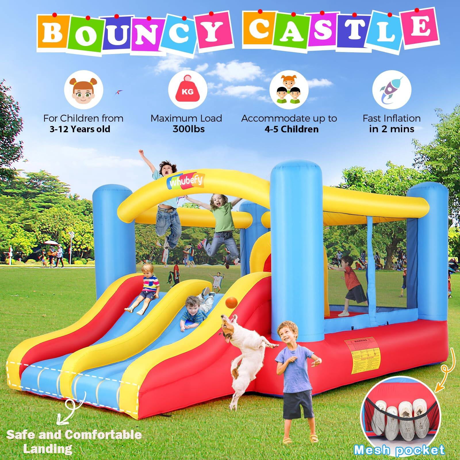 Adnoom Bounce House with Double Slides, Large Bounce House and Obstacle Course, Kid Bounce Castle with 370W Blower, Inflatable Bounce House for 3~4 Kids, Indoor & Outdoor
