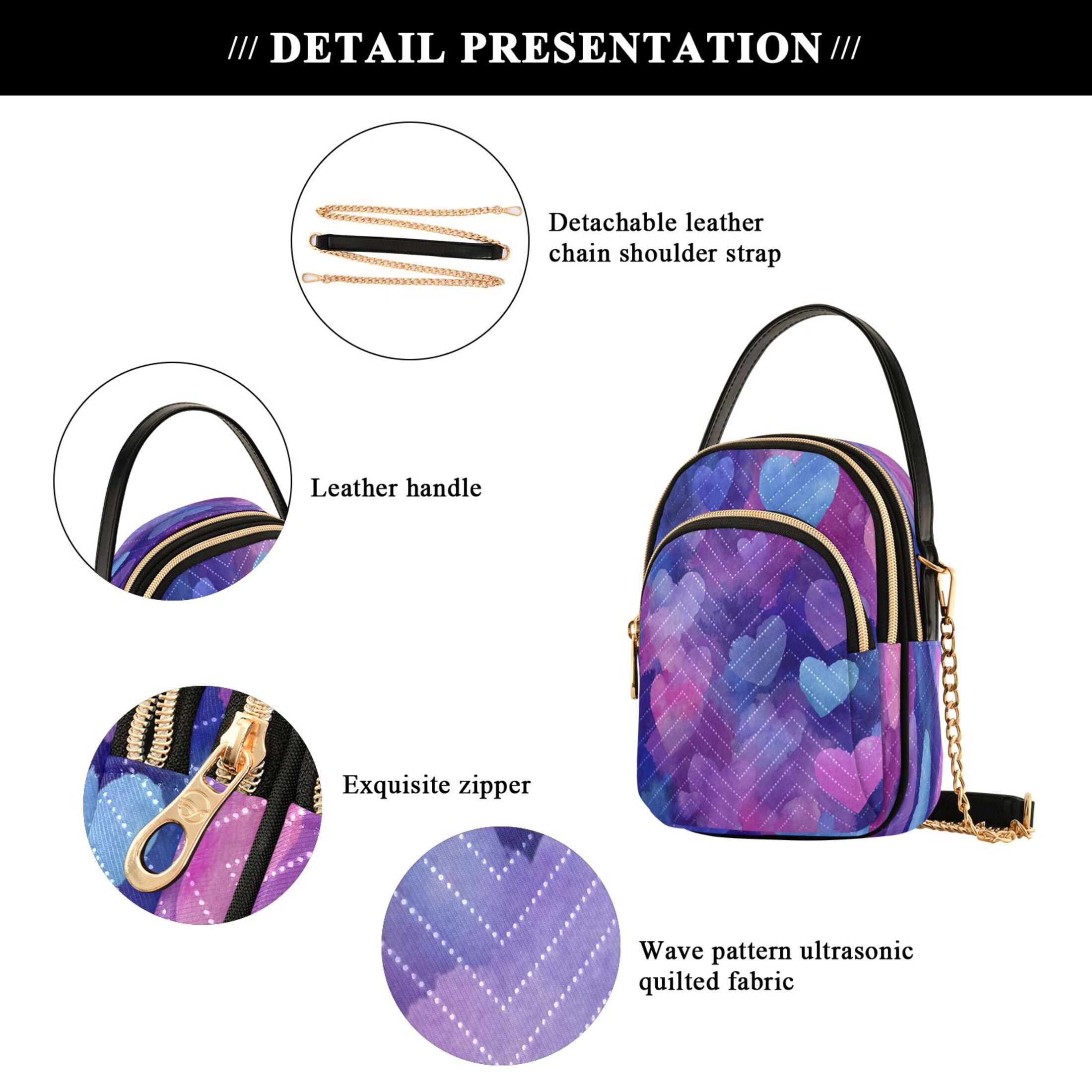 Quilted Women's Crossbody Bag Purses and Handbags with Detachable Leather Strap Indigo and Violet Hearts
