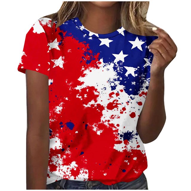 KIHOUT Mode T-Shirt Graphique Imprimé pour Femmes 4 Juillet Col Rond Manches Courtes Rouge P