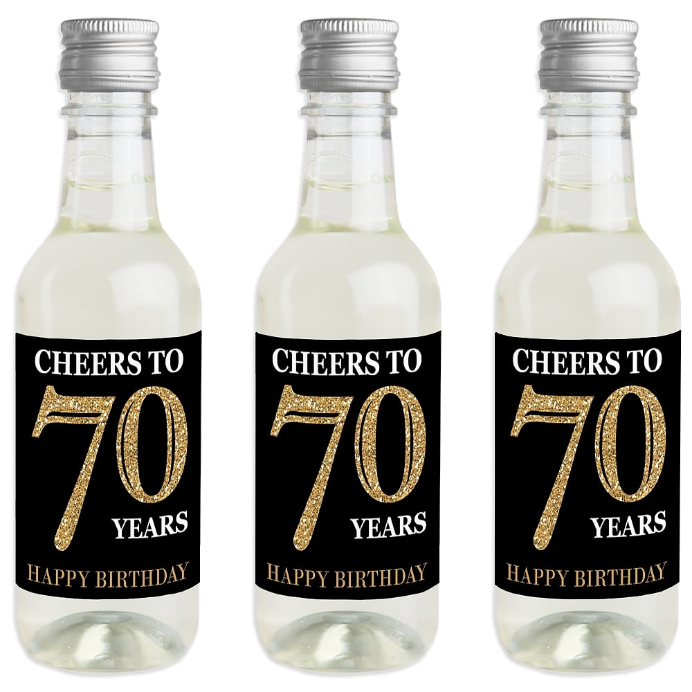 Gold Happy 70th Birthday Glossy Wine bottle label Celebration Gift for Women and Men. 
