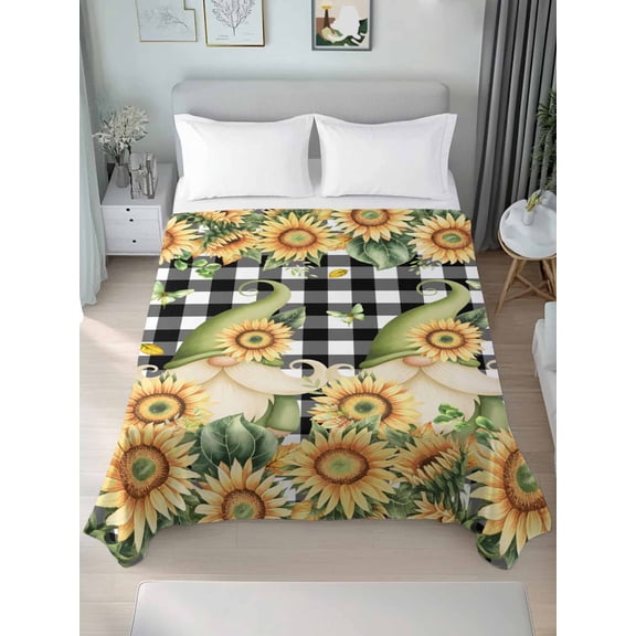 Twin Flat Sheet Only Farm Sunflowers Gnomes Soft Microfiber Cooling Bedding Sheets Country Floral on Black Check Flat Bed Sheet for Hotel,Home Decor