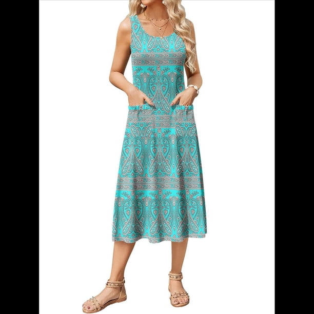 Vestido de Verano para Mujer, Sin Mangas, Floral, con Cuello Redondo, Cintura Alta, Corte A, Midi y Bolsillos Verde XL