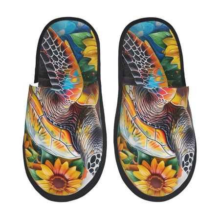 Balery Sunflower Turtle Slient Indoor Furry Fleece Comfort House Shoes Soft Non-Slip Home Shoes Cotton slippers House Slippers-- Medium