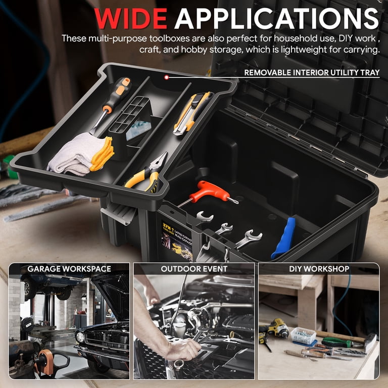 DNA MOTORING 2-Piece Lockable Tool Box Set – Large Capacity Storage With Removable Tray, Heavy-Duty Plastic, Portable For Garage, Workshop, Home