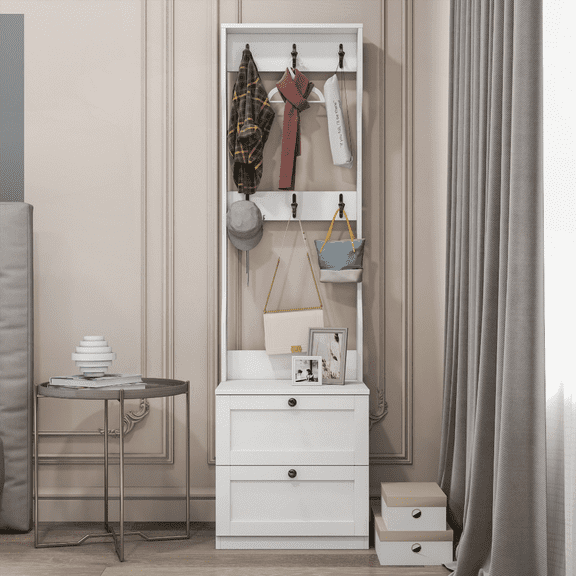 Wooden 2-in-1 Coat Rack & Nightstand - Freestanding Storage Organizer with Drawers & Hooks for Bedroom, Entryway