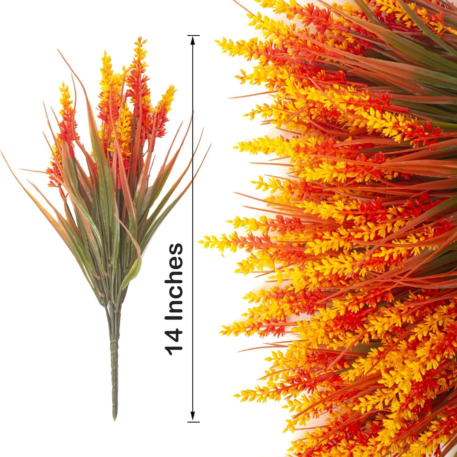 10 Bundles Artificial Plants Outdoor Fake Monkey Grass with Flowers (Fall Orange)