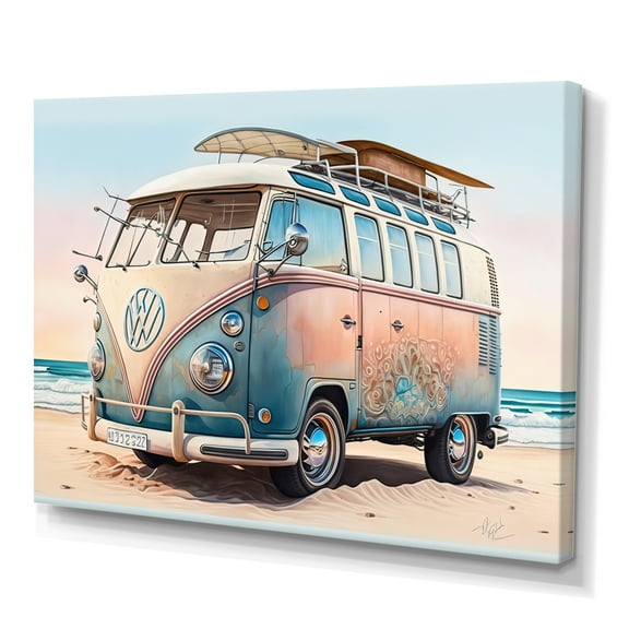 Designart 70S Surfing Van At The Beach II Canvas Wall Art