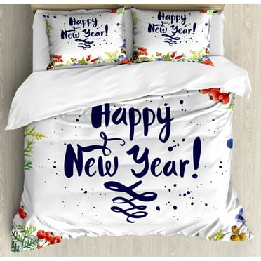 New Year Queen Size Duvet Cover Set, Rowan Cones Wild Grapes and Arborvitae Branches Composition with Happy Year Quote, Decorative 3 Piece Bedding Set with 2 Pillow Shams, Multicolor, by Ambesonne