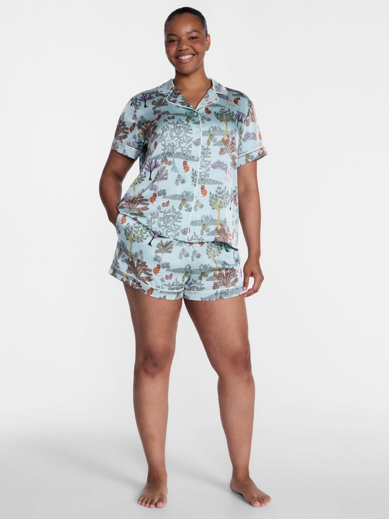 Joyspun Women’s Stretch Satin Sleep Top and Shorts, 2-Piece Set, Sizes XS to 3X