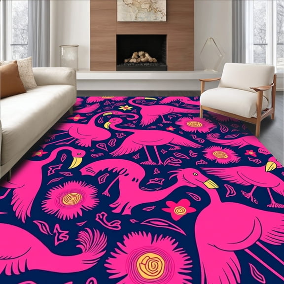 Flatwoven High Traffic Area Rug, Funky Flamingo Flourish with Abstract Animal Inspired Details, Non Slip, Stain Resistant, Washable Area Rugs for Living Room, Bedroom(Pink, 4X6)