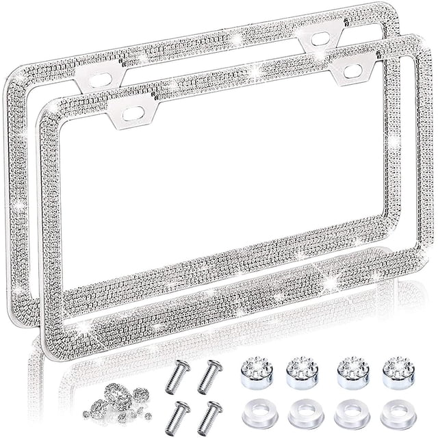 Paquete de 2 marcos de matrícula de coche Bling Bling para mujer, cubierta de placa de matrícula con diamantes brillantes, soporte para matrícula de coche, acero inoxidable (blanco)